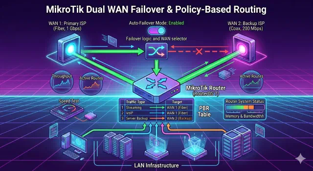 MikroTik Dual WAN Failover & Policy-Based Routing